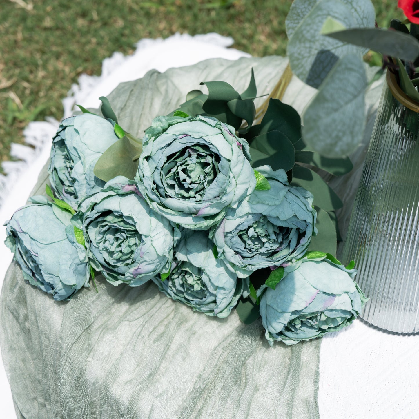 7-Headed Velvet Burnt-Edge Peony - Deep Green磨毛布7头烧边牡丹-深绿