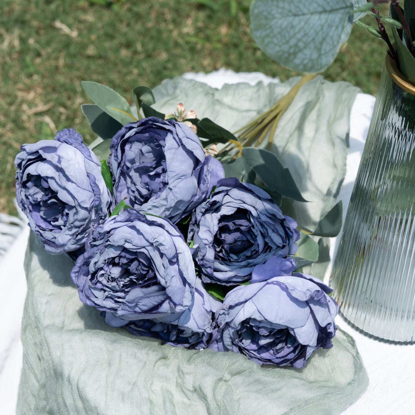 7-Headed Velvet Burnt-Edge Peony - Ink Blue磨毛布7头烧边牡丹-墨蓝